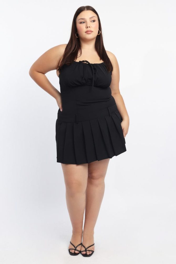 Black Bow Front Pleated Mini Dress