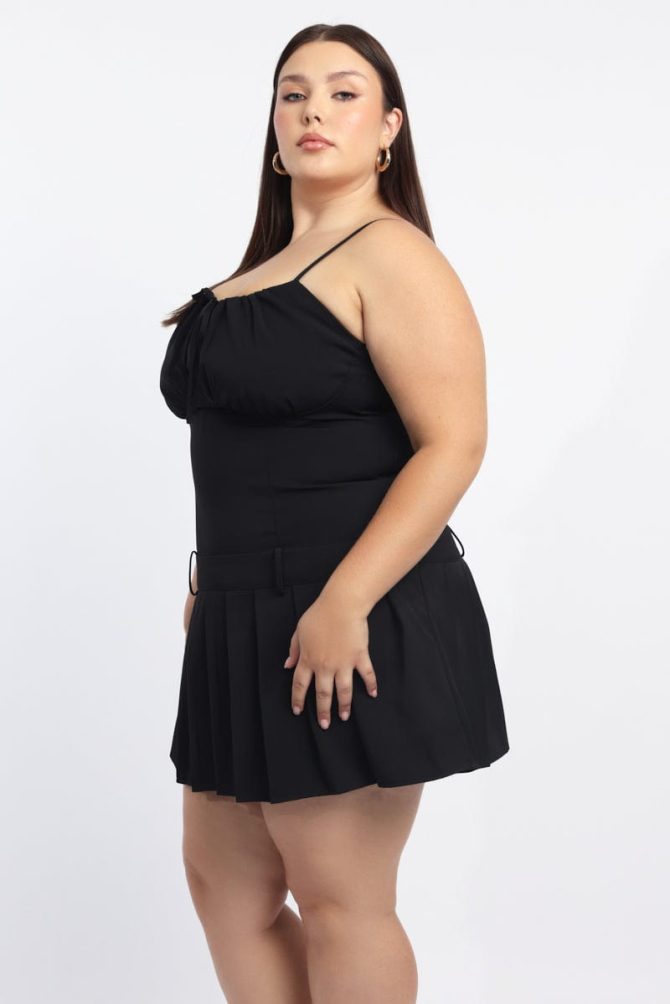 Black Bow Front Pleated Mini Dress
