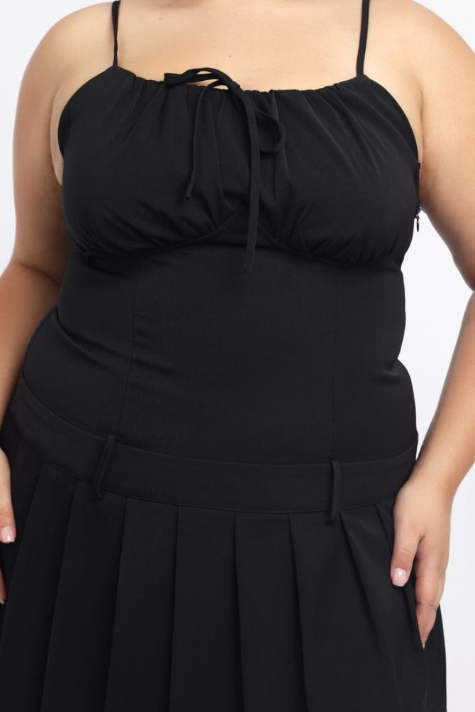Black Bow Front Pleated Mini Dress