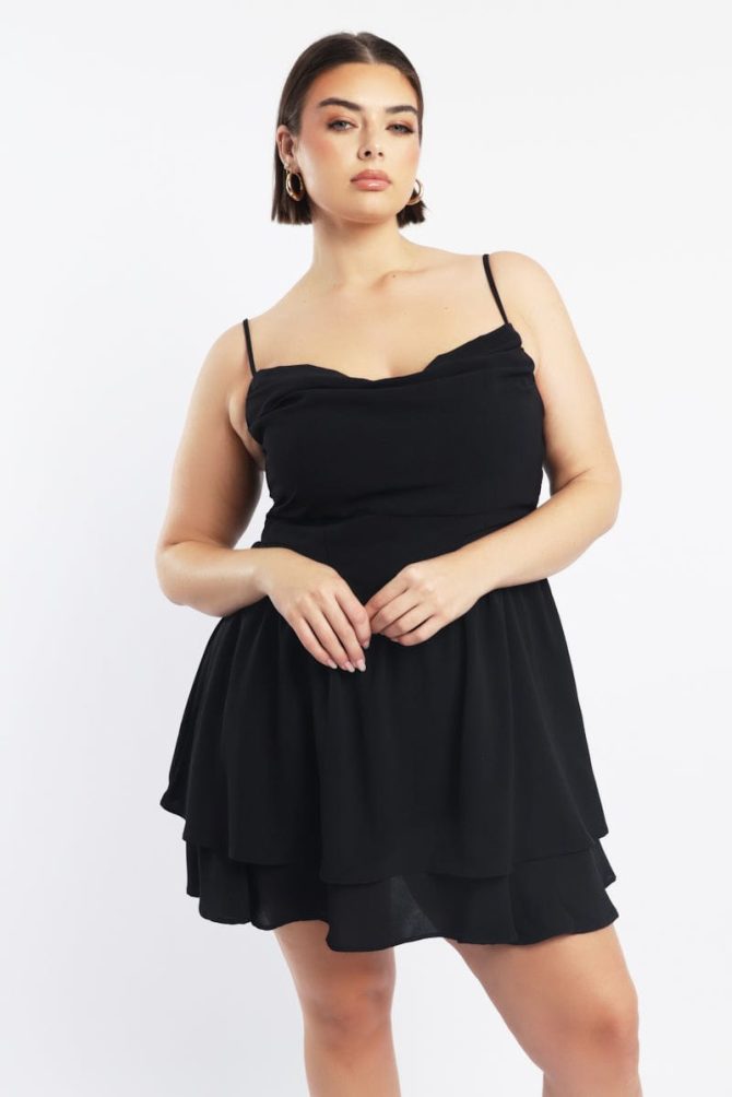 Black Shoestring Strap Cowl Neck Minidress