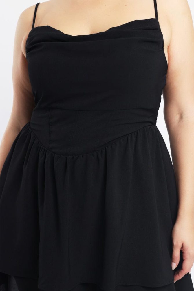 Black Shoestring Strap Cowl Neck Minidress