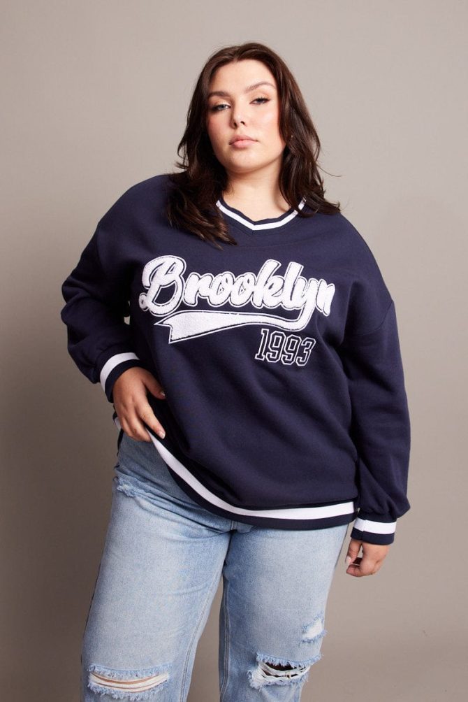 Blue Oversized Sweater Long Sleeve Crew Neck