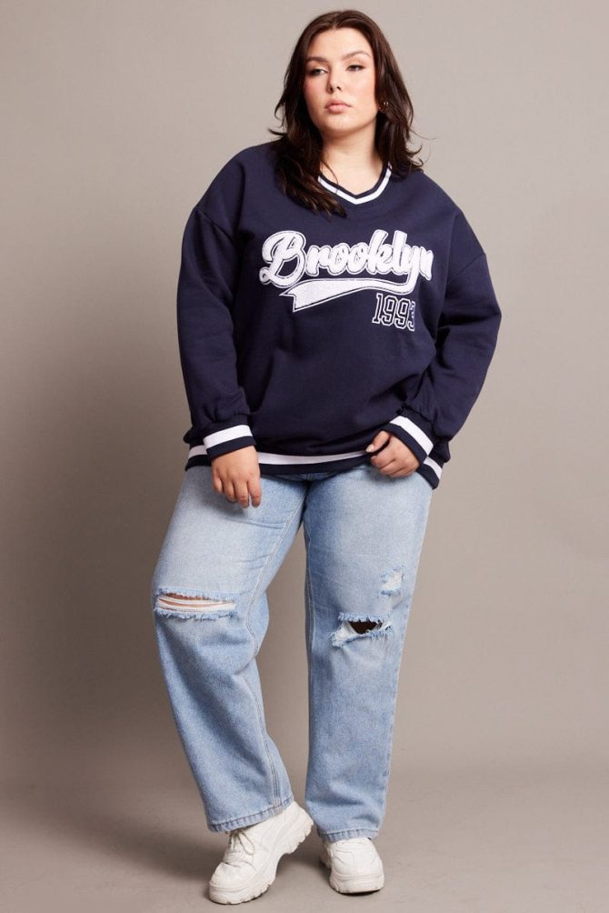 Blue Oversized Sweater Long Sleeve Crew Neck