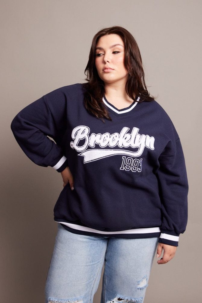 Blue Oversized Sweater Long Sleeve Crew Neck