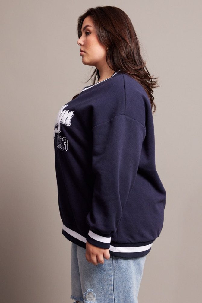 Blue Oversized Sweater Long Sleeve Crew Neck
