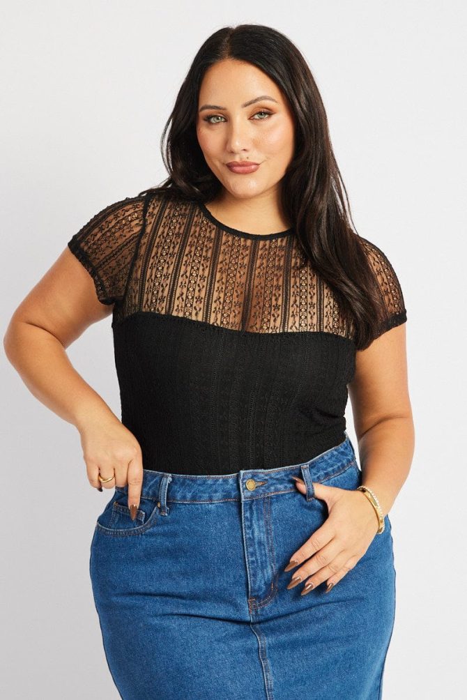 Black Bodysuit Short Sleeve Crew Neck Lace