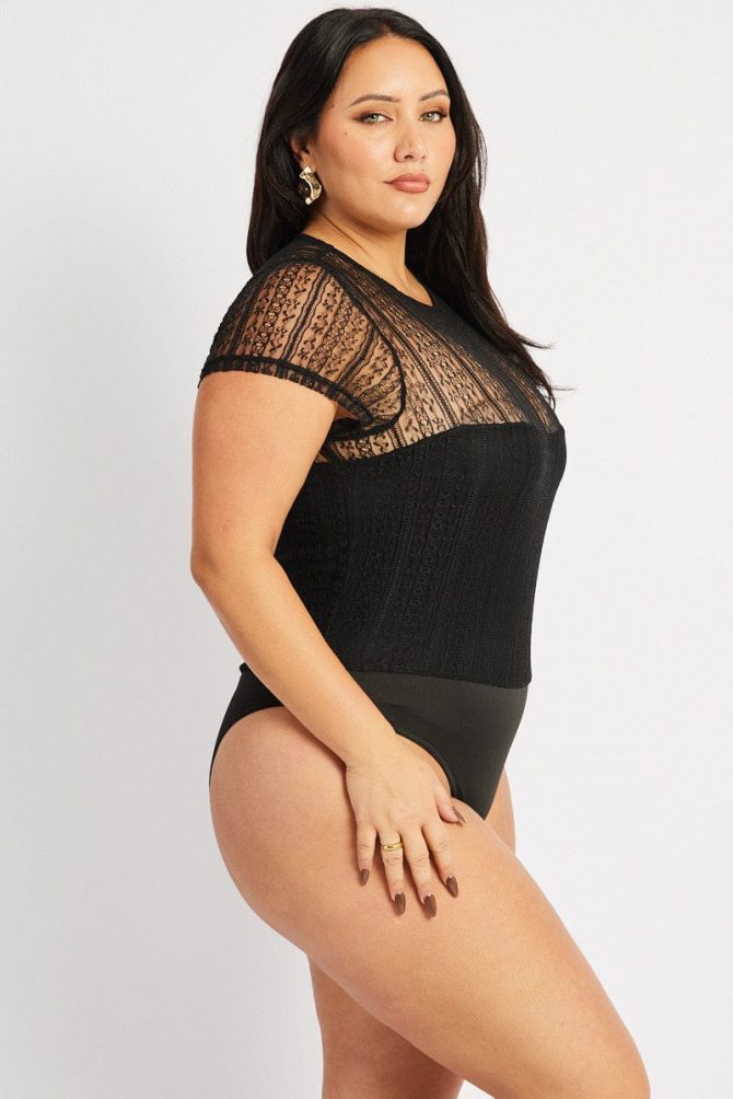 Black Bodysuit Short Sleeve Crew Neck Lace