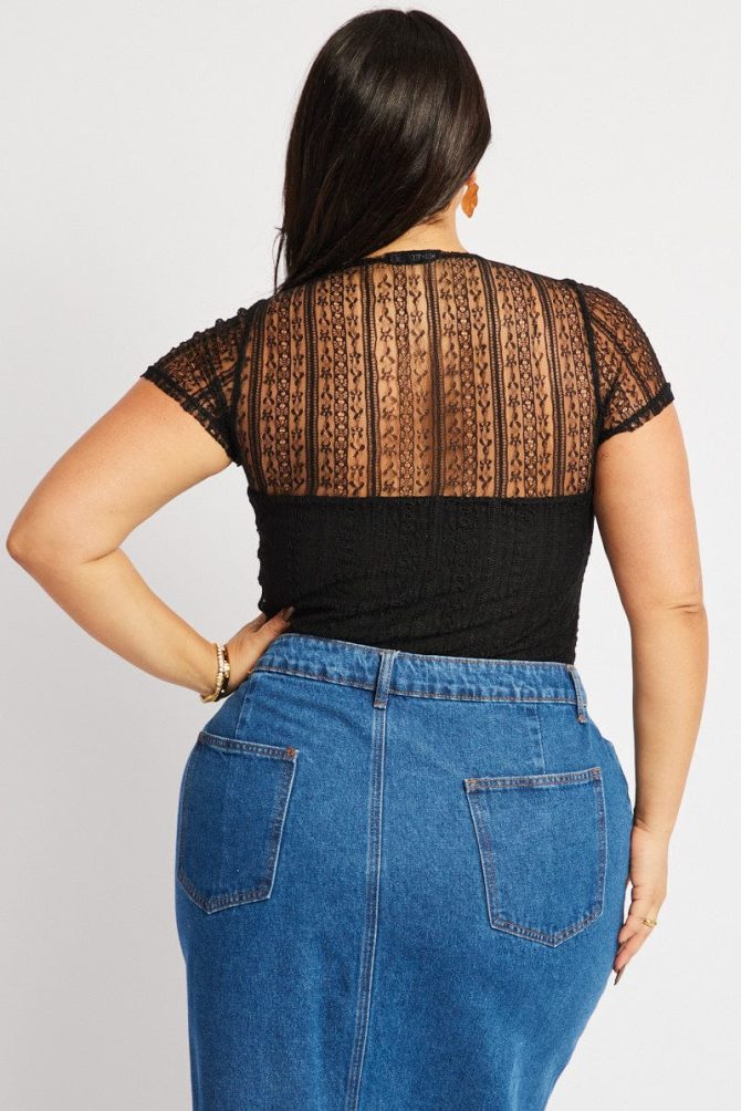 Black Bodysuit Short Sleeve Crew Neck Lace