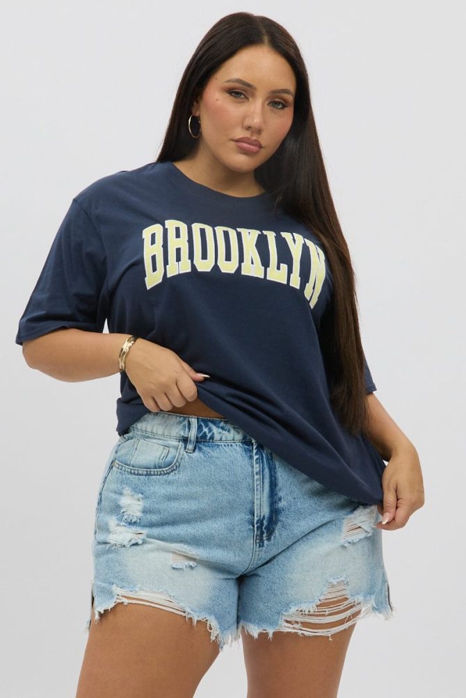 Blue Graphic T Shirt Short Sleeve Crew Neck