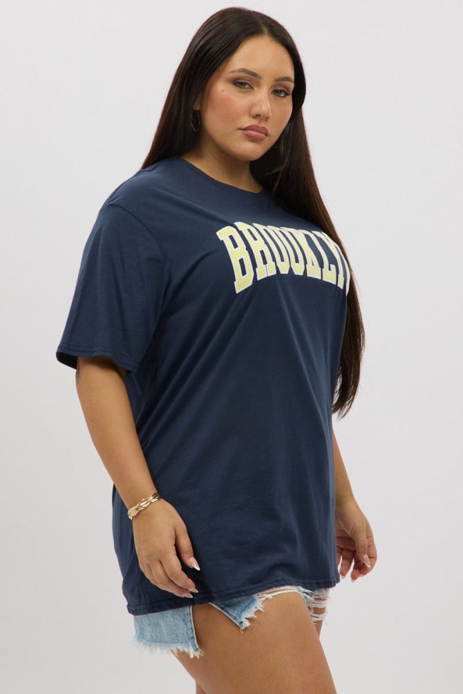 Blue Graphic T Shirt Short Sleeve Crew Neck