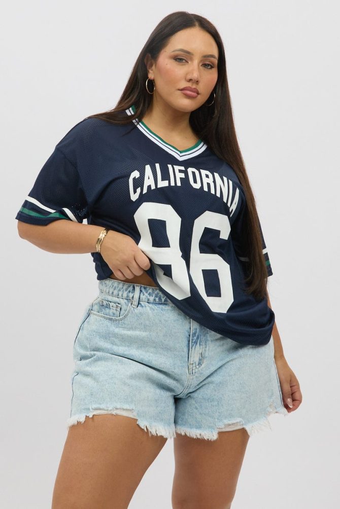 Blue Graphic T Shirt Short Sleeve V Neck