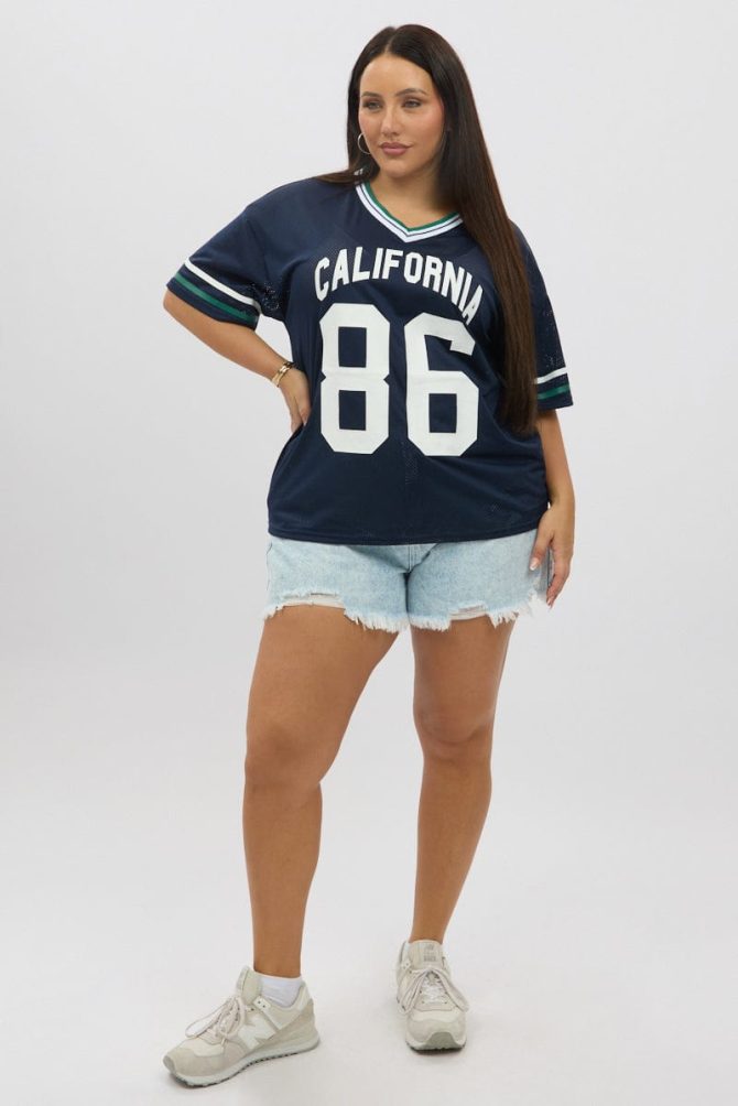 Blue Graphic T Shirt Short Sleeve V Neck