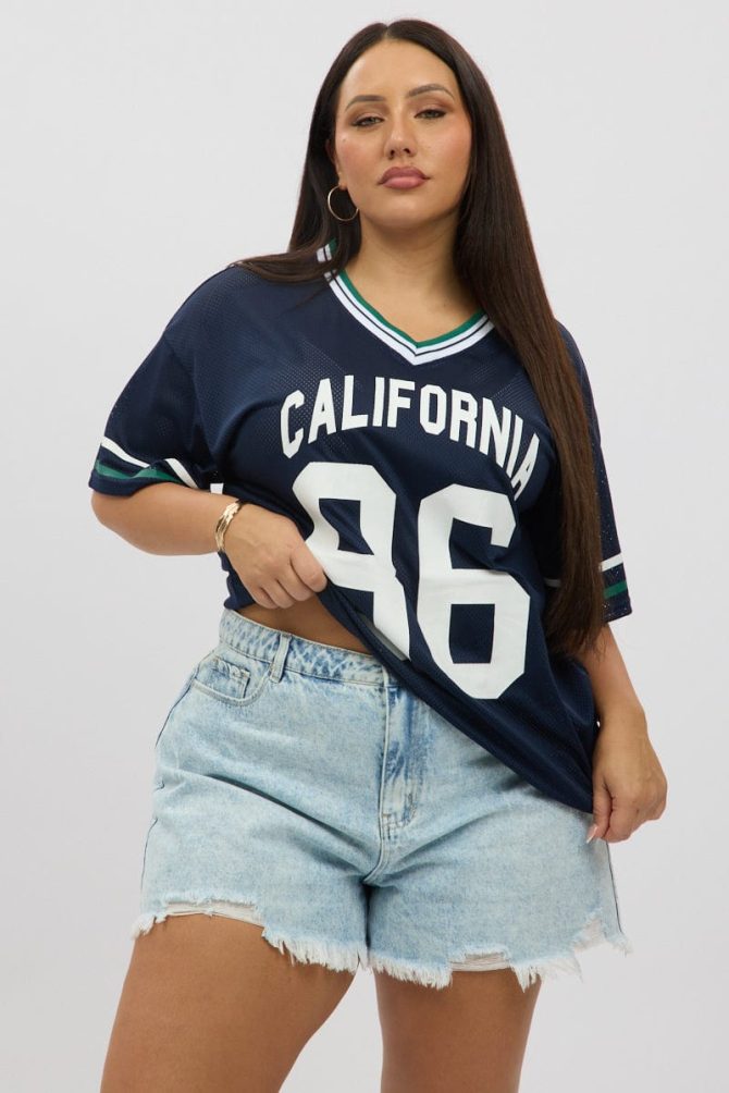 Blue Graphic T Shirt Short Sleeve V Neck