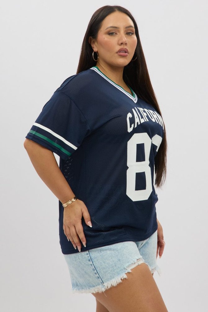 Blue Graphic T Shirt Short Sleeve V Neck