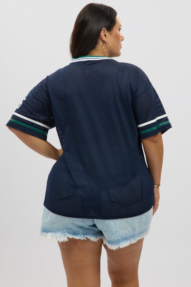 Blue Graphic T Shirt Short Sleeve V Neck