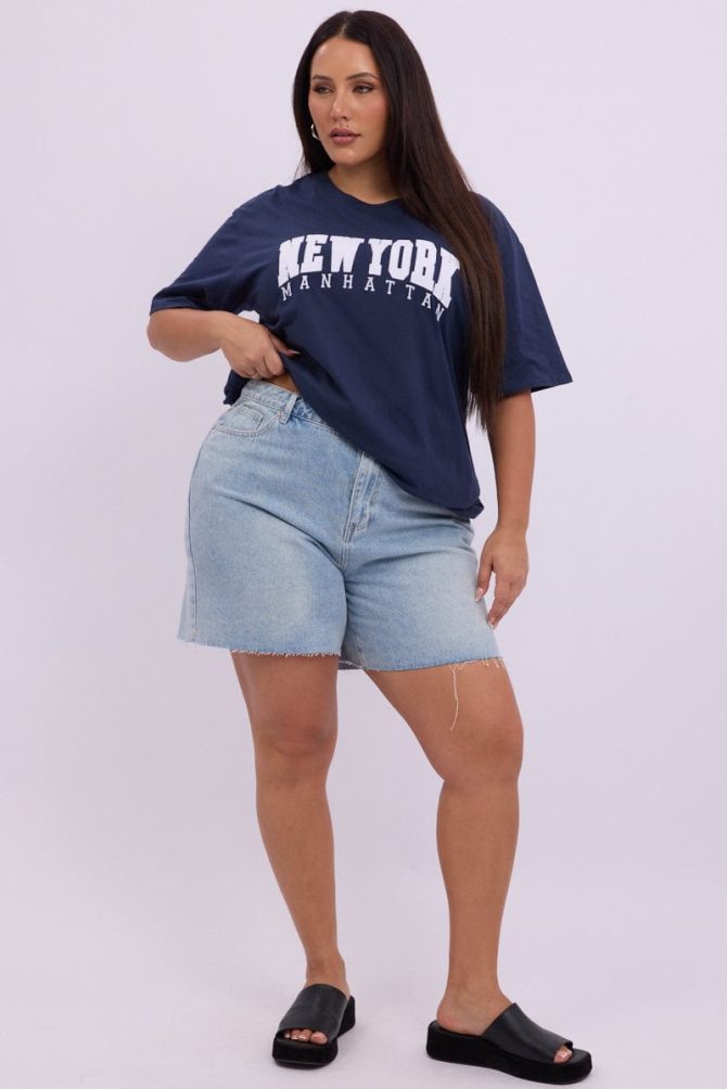 Blue Graphic T Shirt Short Sleeve Crew Neck