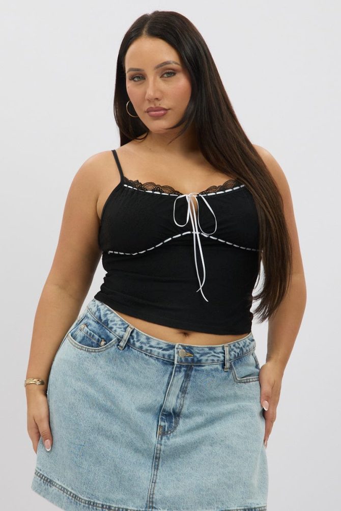 Black Lace Singlet Top Lace Ribbon Trim