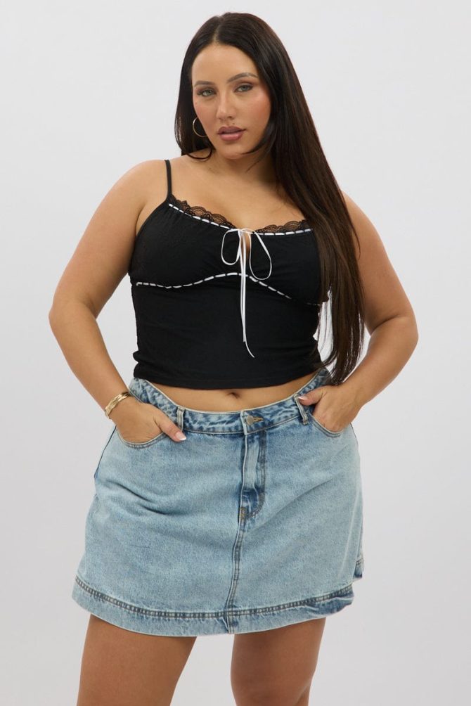 Black Lace Singlet Top Lace Ribbon Trim