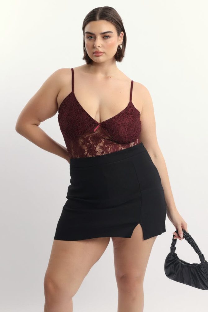 Red Bodysuit Lace V Neck