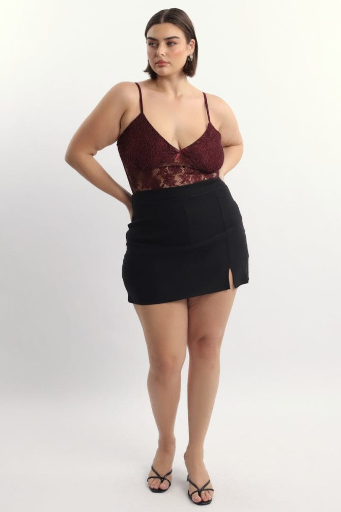 Red Bodysuit Lace V Neck