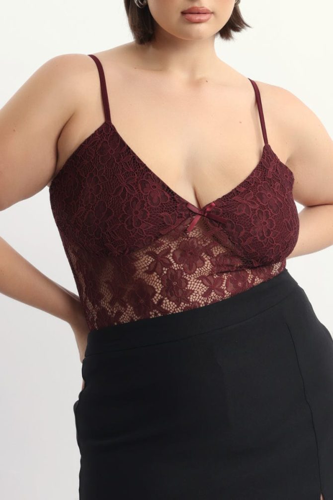 Red Bodysuit Lace V Neck