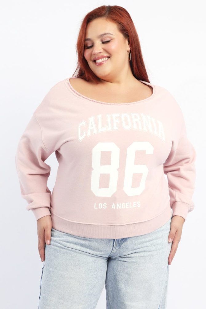 Pink Sweatshirt One Shoulder Long Sleeve