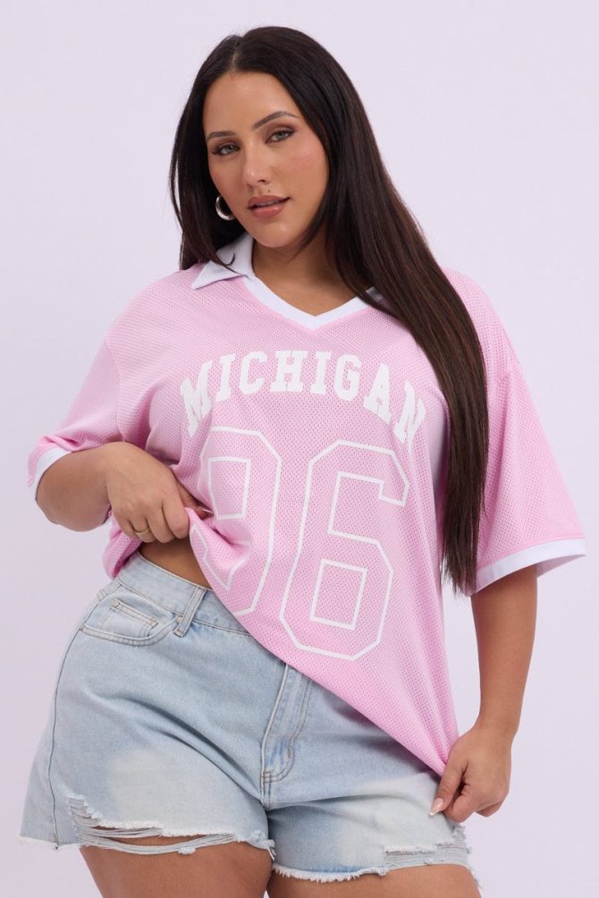 Pink Graphic T Shirt Short Sleeve V Neck Collared