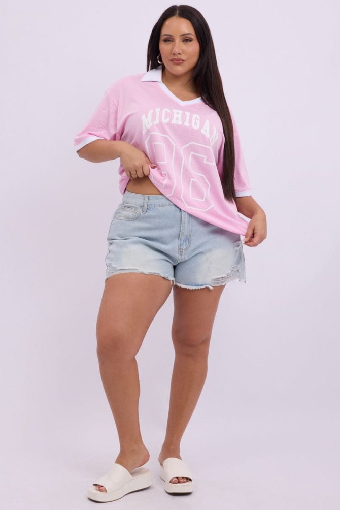 Pink Graphic T Shirt Short Sleeve V Neck Collared
