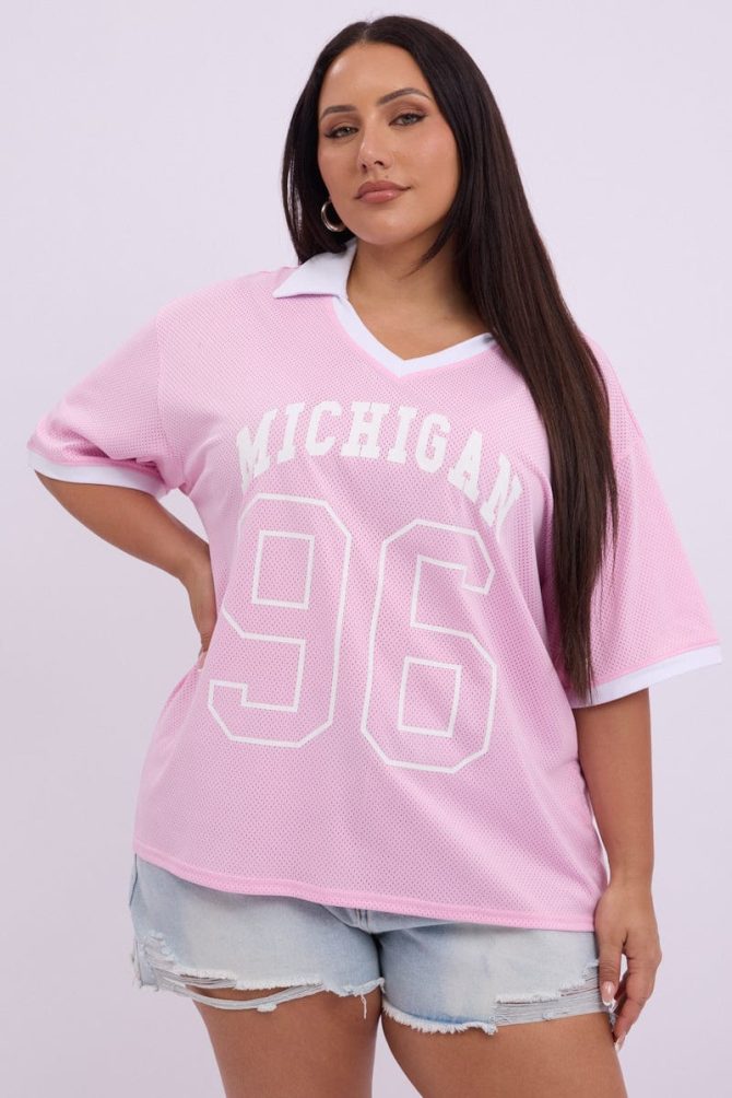 Pink Graphic T Shirt Short Sleeve V Neck Collared