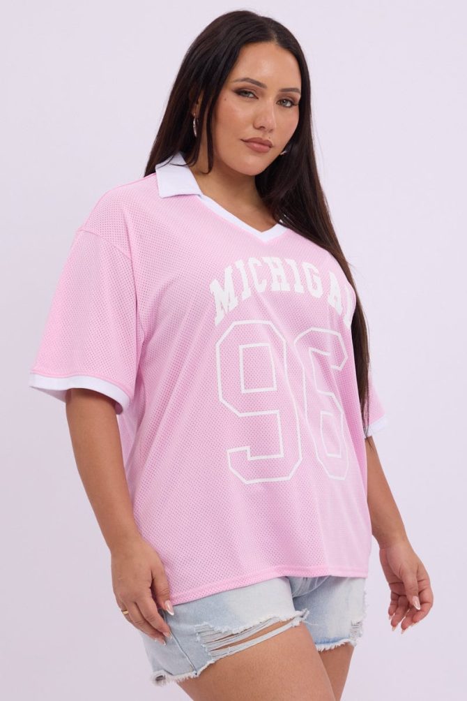 Pink Graphic T Shirt Short Sleeve V Neck Collared