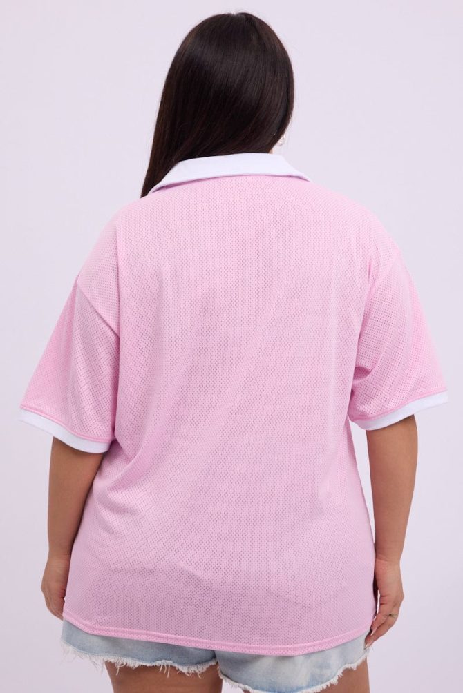 Pink Graphic T Shirt Short Sleeve V Neck Collared