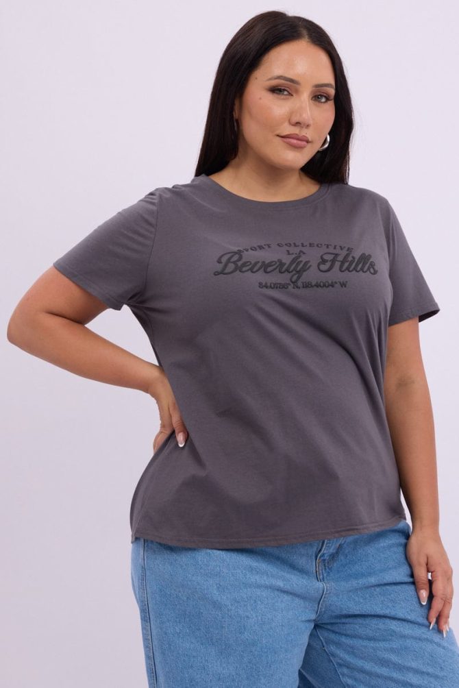 Grey Graphic T Shirt Short Sleeve Crew Neck