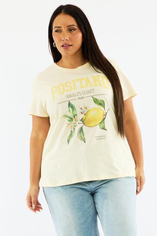 Yellow Graphic T Shirt Short Sleeve Crew Neck