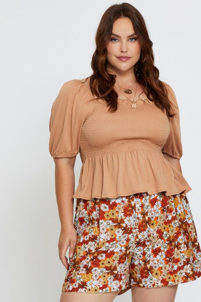 Brown Peplum Top Off The Shoulder Puff Sleeve Shirred