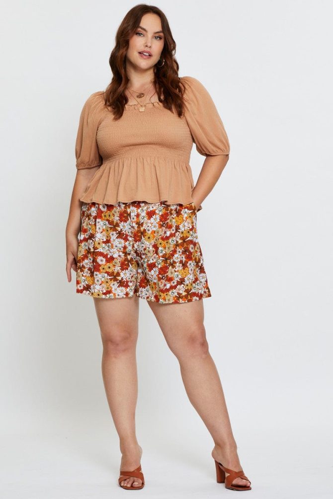 Brown Peplum Top Off The Shoulder Puff Sleeve Shirred