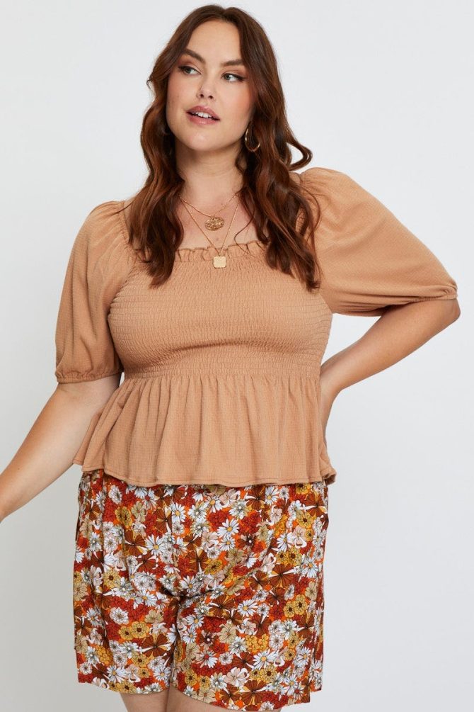 Brown Peplum Top Off The Shoulder Puff Sleeve Shirred