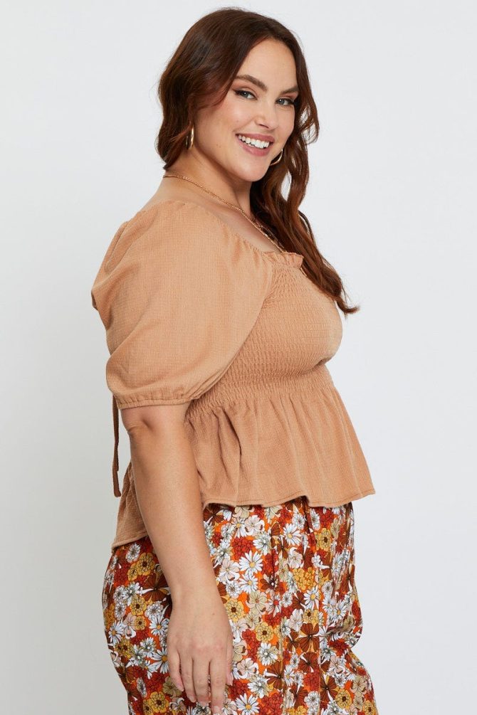 Brown Peplum Top Off The Shoulder Puff Sleeve Shirred