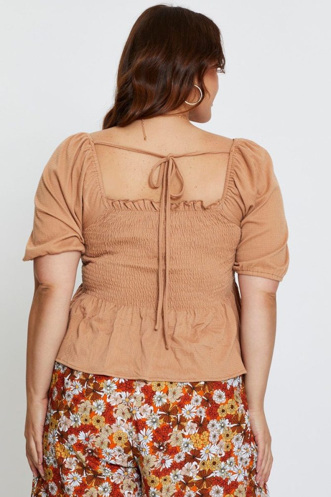 Brown Peplum Top Off The Shoulder Puff Sleeve Shirred