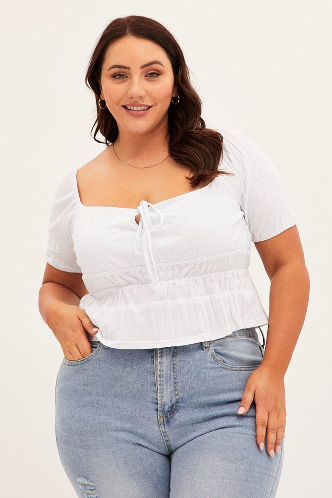 White Short Sleeve Rib Jersey Peplum Top