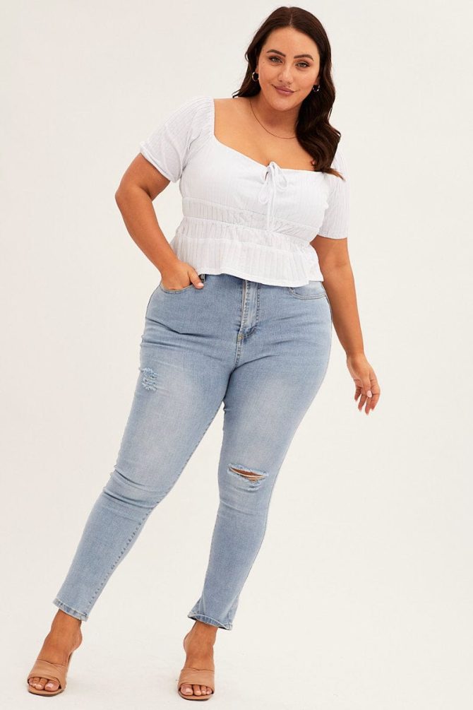 White Short Sleeve Rib Jersey Peplum Top