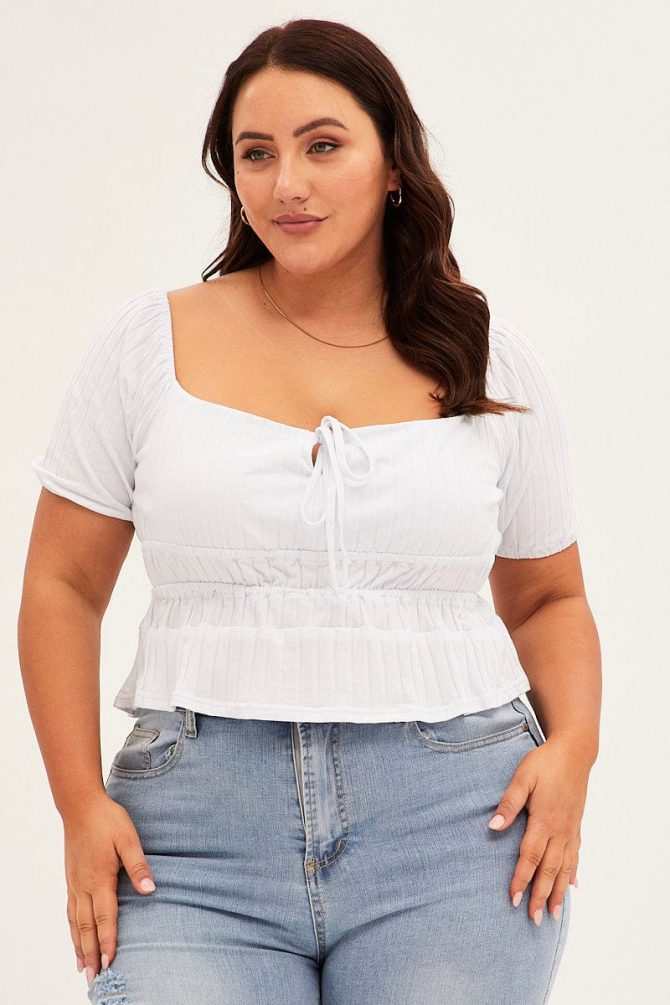 White Short Sleeve Rib Jersey Peplum Top
