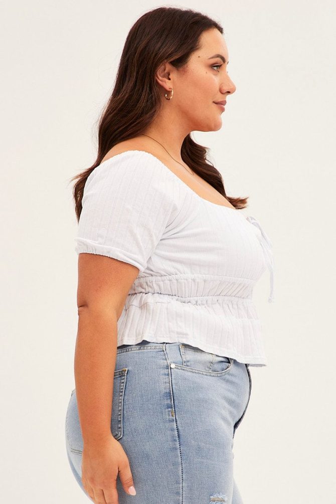 White Short Sleeve Rib Jersey Peplum Top