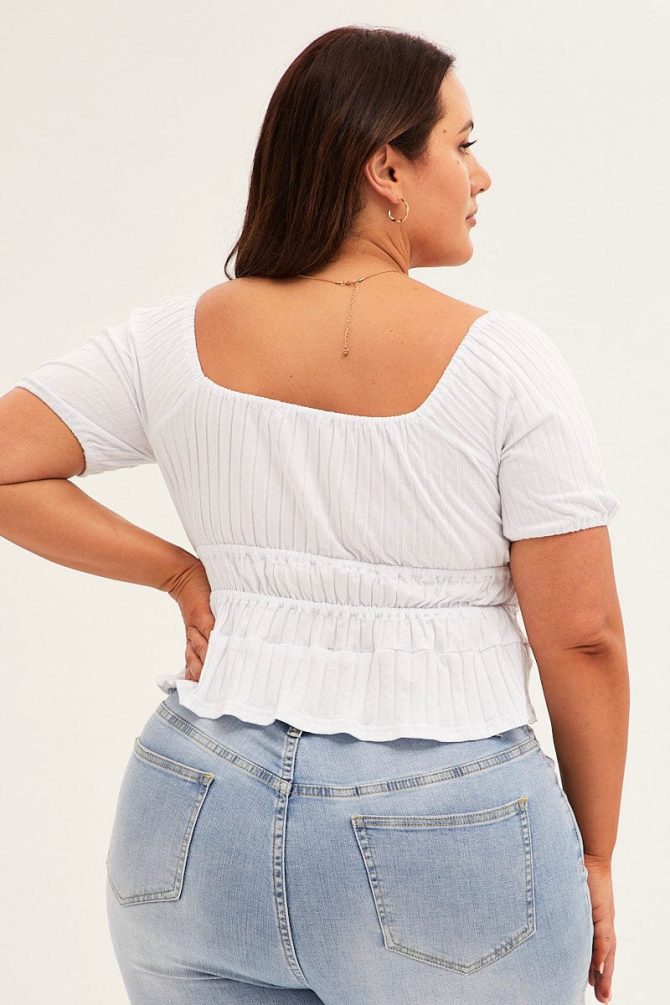 White Short Sleeve Rib Jersey Peplum Top
