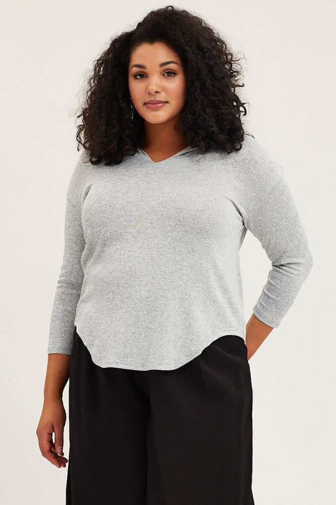 Grey Long Sleeve Curve Hem Hoodie Top