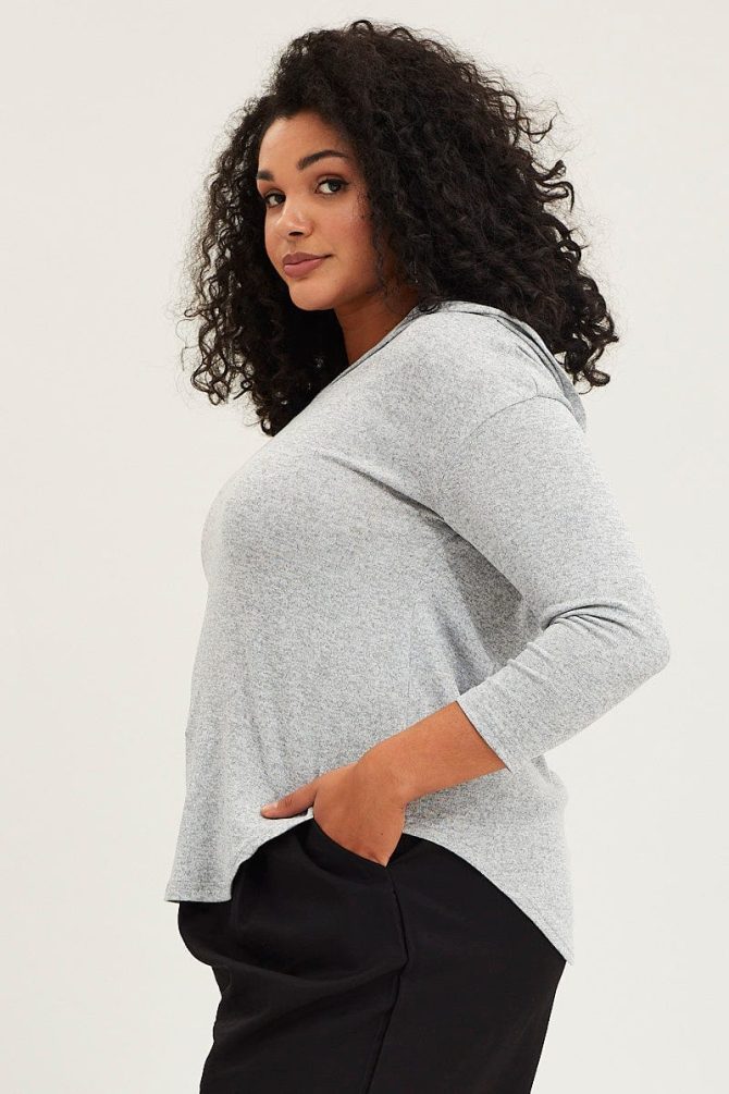 Grey Long Sleeve Curve Hem Hoodie Top