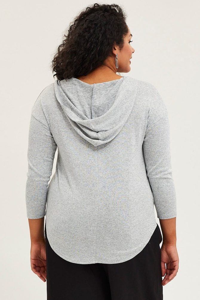 Grey Long Sleeve Curve Hem Hoodie Top