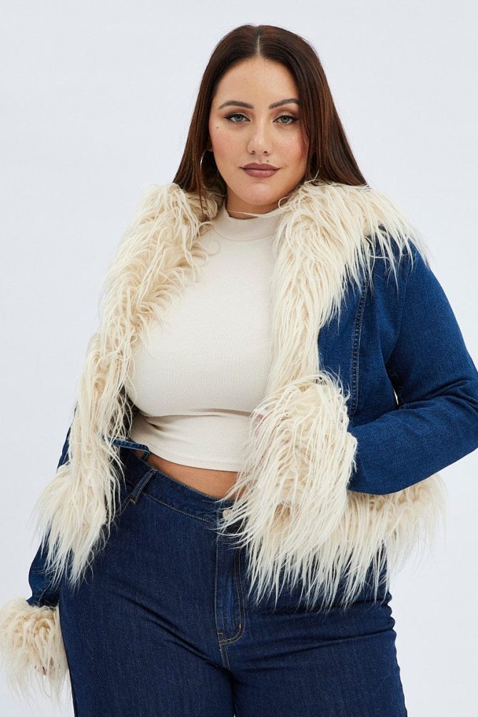 Denim Jacket Shaggy Fur Trim Stretch