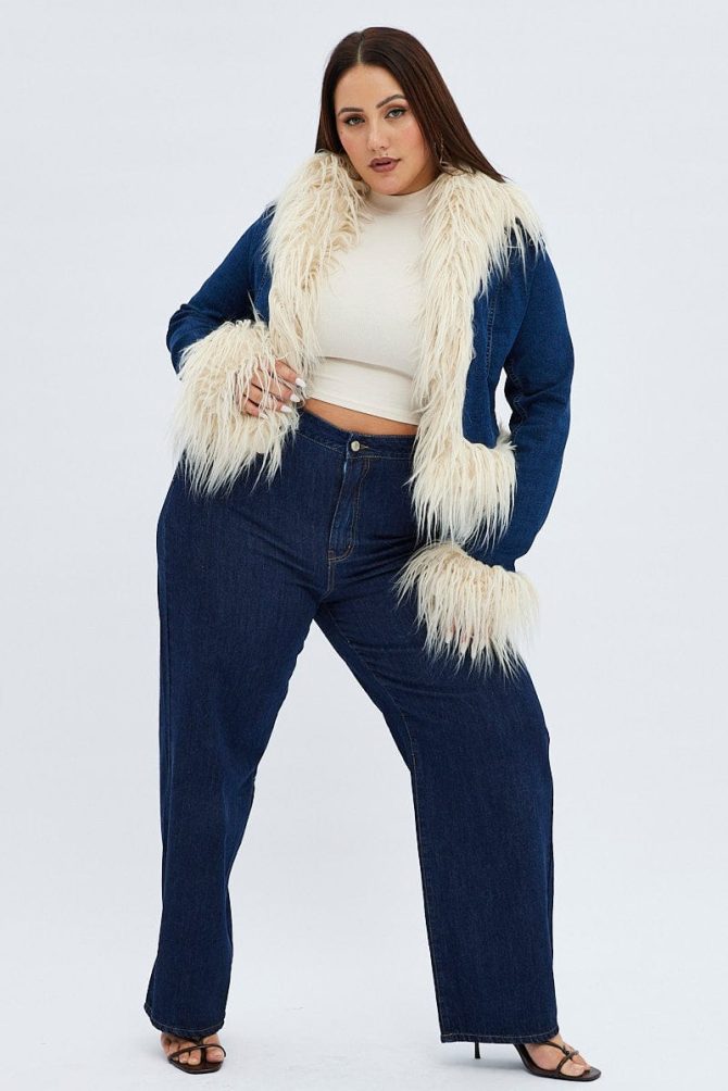 Denim Jacket Shaggy Fur Trim Stretch