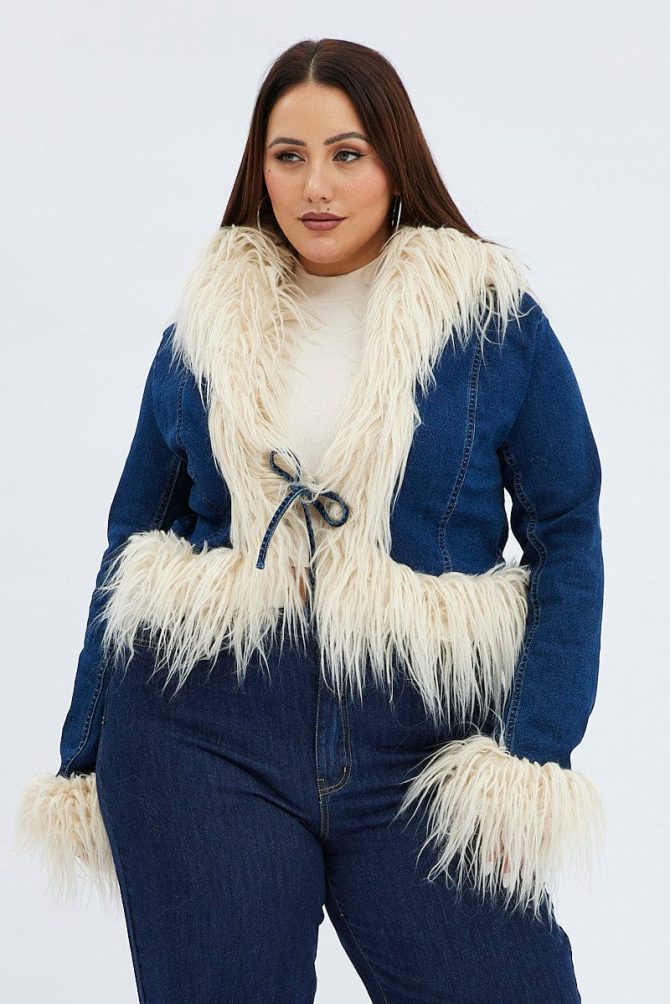 Denim Jacket Shaggy Fur Trim Stretch