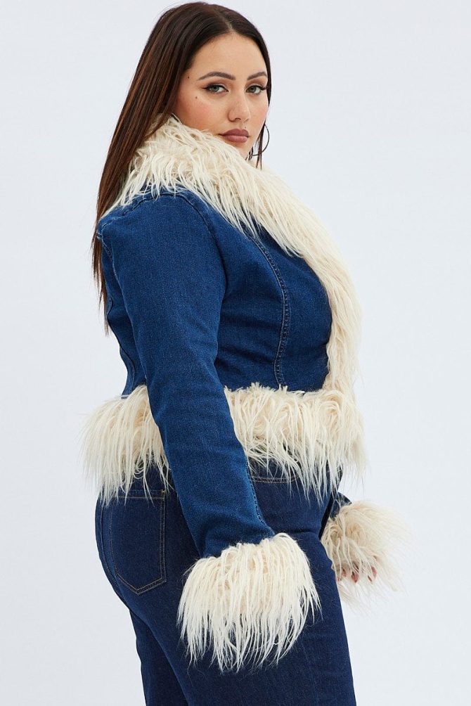 Denim Jacket Shaggy Fur Trim Stretch